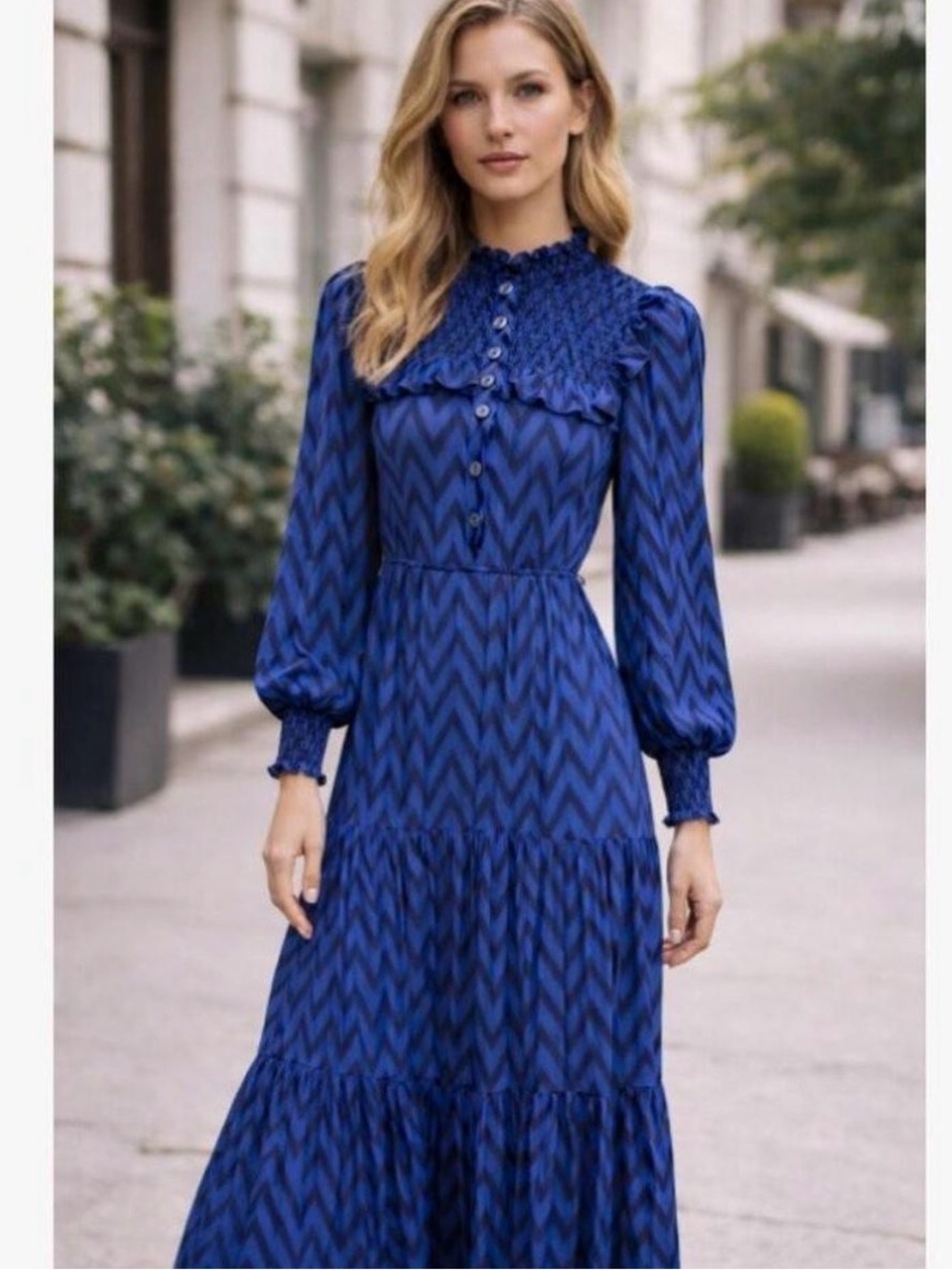 Sonmer Blue Patterned Long Sleeve Maxi Dress
